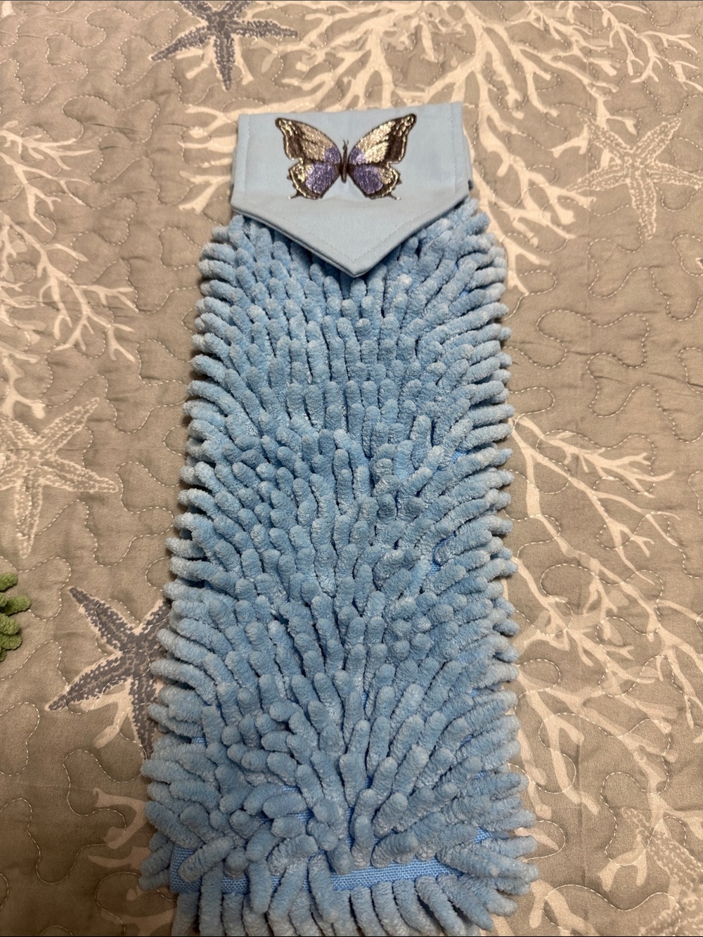 Norwex Light Blue Chenille hand towel with Butterfly Embroidery